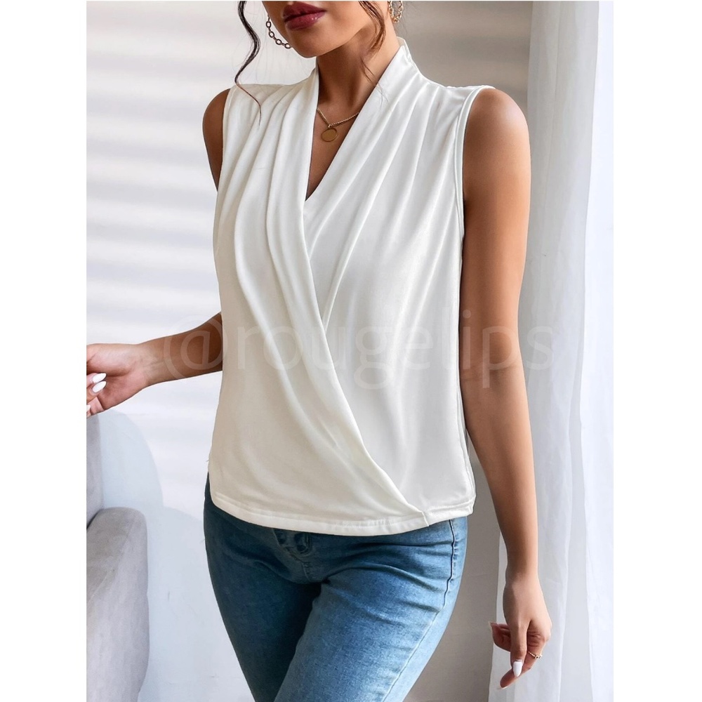 Draped Sleeveless Surplice V-Neck Blouse Top White Overlapping Front Snap Button - Picture 2 of 8